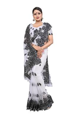 White Embroidered Net Saree With Blouse 2