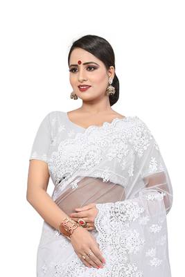 White Embroidered Net Saree With Blouse 3