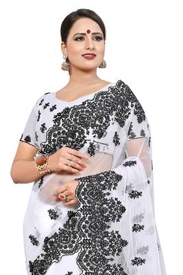 White Embroidered Net Saree With Blouse 3