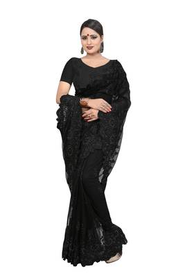 Black Embroidered Net Saree With Blouse 2