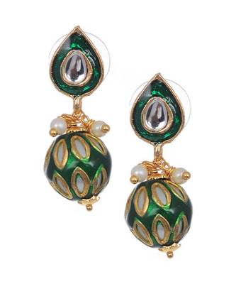 Green Gold Tone Kundan And Meenakari Earrings 2