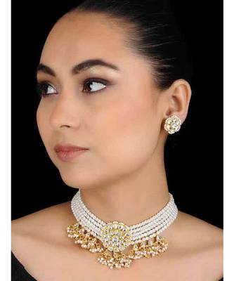 White Gold Tone Kundan And Pearl Inspired Choker Set 1