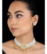 White Gold Tone Kundan And Pearl Inspired Choker Set