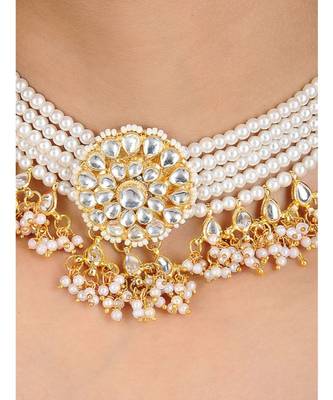 White Gold Tone Kundan And Pearl Inspired Choker Set 2