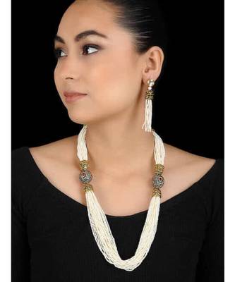 White Gold Tone Multistrand Beaded Necklace With Danglers 1