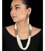 White Gold Tone Multistrand Beaded Necklace With Danglers