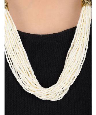 White Gold Tone Multistrand Beaded Necklace With Danglers 2