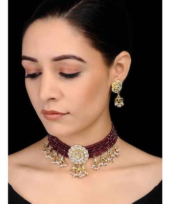 Red Gold Tone Kundan And Onyx Inspired Choker Set 1