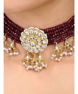 Red Gold Tone Kundan And Onyx Inspired Choker Set 2