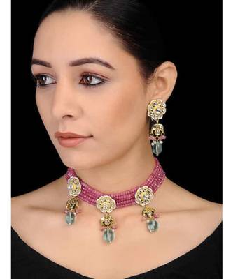 Pink Gold Tone Kundan With Precious Stone Choker Set 1