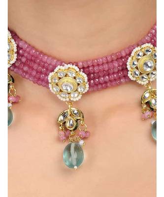 Pink Gold Tone Kundan With Precious Stone Choker Set 2