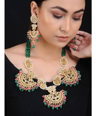 Green Red Gold Tone Kundan With Semi Precious Stones Necklace With Chaandbalis 1