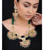Green Red Gold Tone Kundan With Semi Precious Stones Necklace With Chaandbalis
