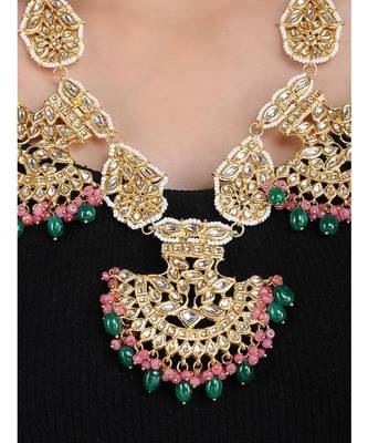 Green Red Gold Tone Kundan With Semi Precious Stones Necklace With Chaandbalis 2