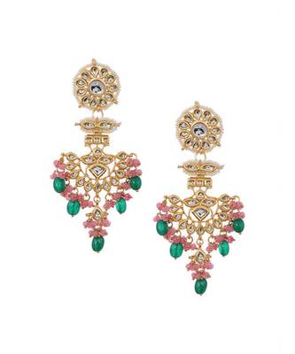 Green Red Gold Tone Kundan With Semi Precious Stones Necklace With Chaandbalis 3
