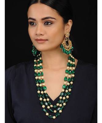 Green Gold Tone Semi Precious Stones With Pearls Layered Necklace Set 1
