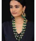 Green Gold Tone Semi Precious Stones With Pearls Layered Necklace Set