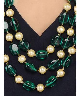 Green Gold Tone Semi Precious Stones With Pearls Layered Necklace Set 2
