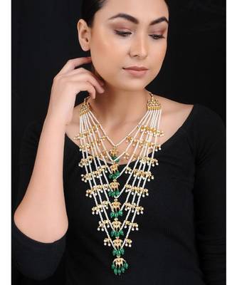 White Green Gold Tone Kundan Inspired Pearl Necklace 1