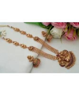 Beautiful Matt Gold Finish Three Layer Haram With Lakshmi Pendant With Mtching Jhumkas 1