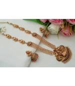 Beautiful Matt Gold Finish Three Layer Haram With Lakshmi Pendant With Mtching Jhumkas
