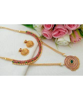 Gorgeous Gold Tone Designer Long & Short Combo Necklace Set With A Pair Of Matching Ear Rings 1