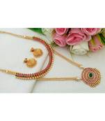 Gorgeous Gold Tone Designer Long & Short Combo Necklace Set With A Pair Of Matching Ear Rings