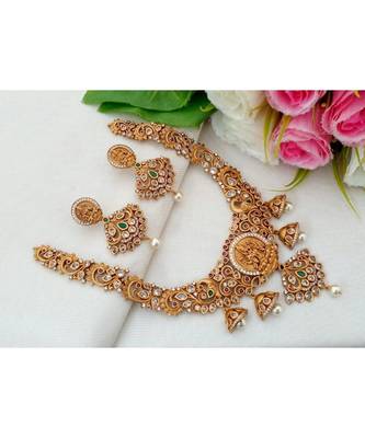 Trendy & Traditional Designer Matt Gold Finish Necklace With Jhumka Hangings With A Pair Of Matching Ear Rings 1