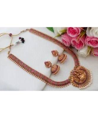 Gorgeous Matt Gold Finish Kemp Stone Haaram With Lakshmi Pendant & Matching Jhumkas 1