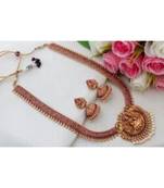 Gorgeous Matt Gold Finish Kemp Stone Haaram With Lakshmi Pendant & Matching Jhumkas