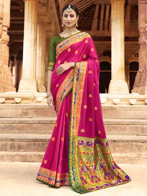 Pink woven paithani silk saree with blouse 1