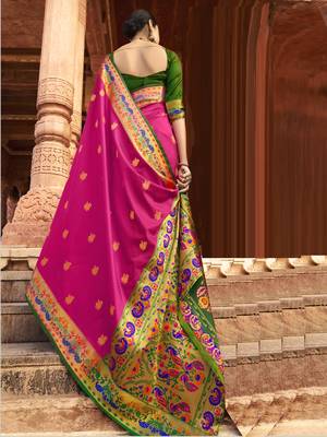 Pink woven paithani silk saree with blouse 2
