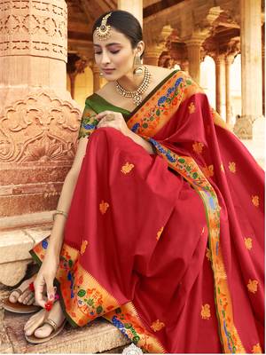 Red woven paithani silk saree with blouse 2