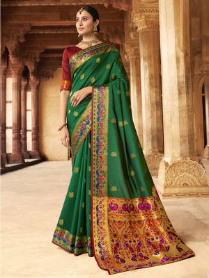 Green woven paithani silk saree with blouse 1