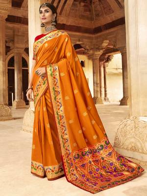 Orange woven paithani silk saree with blouse 1