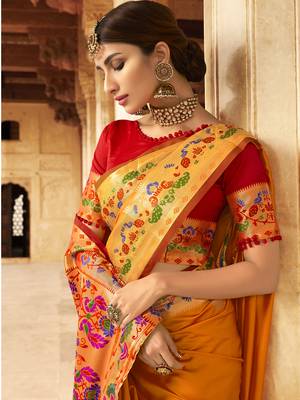 Orange woven paithani silk saree with blouse 2