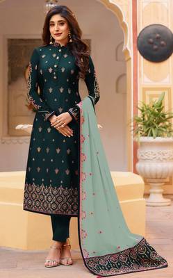 Dark-turquoise embroidered silk salwar 1