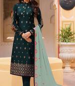 Dark-turquoise embroidered silk salwar