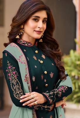 Dark-turquoise embroidered silk salwar 2
