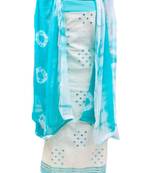 Women's White & Sky Blue Cotton Embroidered Dress Material With Dupatta