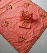 peach chanderi cotton embroderi unstitch dress salwar suit