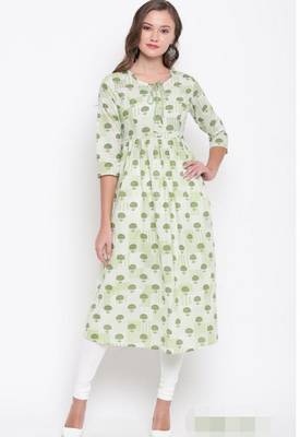 Light-parrot-green printed cotton cotton-kurtis 1