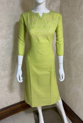 Light-parrot-green embroidered cotton short-kurtis 2