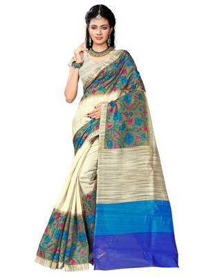 Cream Printed Bhagalpuri Saree With Blouse 1