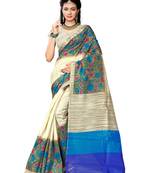 Cream Printed Bhagalpuri Saree With Blouse