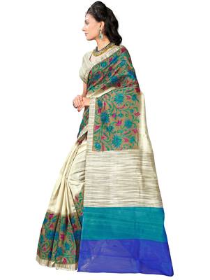 Cream Printed Bhagalpuri Saree With Blouse 3