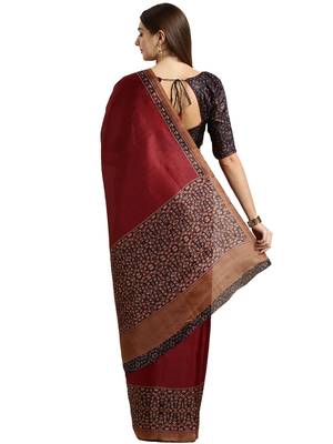Maroon Printed Tussar Silk Saree With Blouse 3