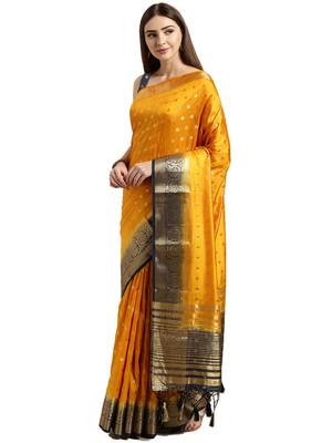 Mustard Woven Faux Kanjivaram Silk Saree With Blouse 1