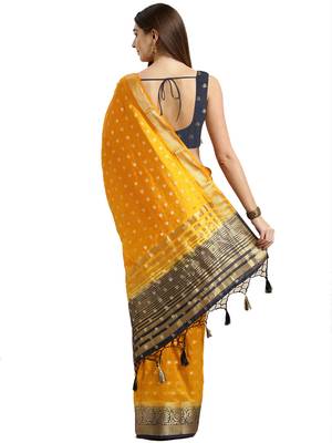 Mustard Woven Faux Kanjivaram Silk Saree With Blouse 3