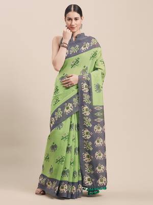 Green Printed Faux Linen Saree With Blouse 1
